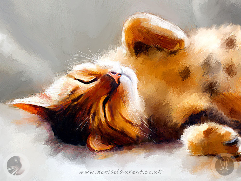 Close-up of All Curled Up - Bengal Cat Art Print, highlighting a Bengal cat napping peacefully with its eyes closed, a charming addition for animal art enthusiasts.