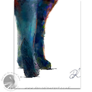 A close up detail of Black and Proud, a striking semi-abstract print of a black cat and the mark making around his legs.
