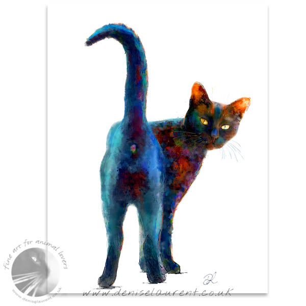 Black and Proud a striking semi-abstract print of a black cat.  He's looking back over his shoulder at us on a white background. This is an art print on paper.