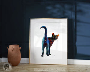 Black and Proud, a striking semi-abstract portrait of Harry, the black cat who inspired this piece.  He's looking back over his shoulder at us He's framed in a gold frame and is resting against a blue wall.