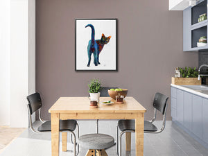 Black cat wall art hanging in a modern dining room, featuring a striking illustration of a posed black cat that adds a sense of fun to the space.