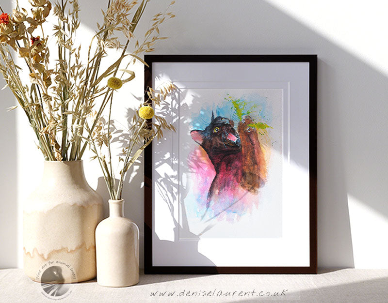 Catch! Black Cat Watercolour Painting