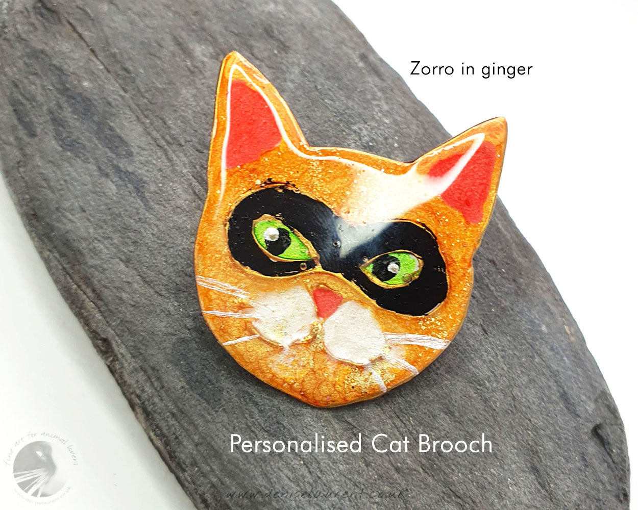 Custom cat brooch featuring a ginger cat design named Zorro, artistic and colourful, ideal for cat lovers.
