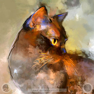 A Burmese cat artwork, full of character and feline elegance. It captures Elli's poise and charm in rich, warm tones. She is a brown cat with striking yellow eyes, a strong expression and a warm green background with a hint of orange in her whiskers.