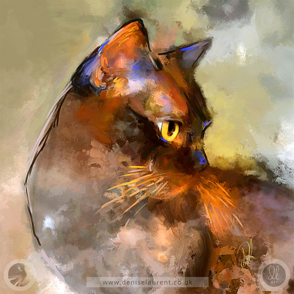 A Burmese cat artwork, full of character and feline elegance. It captures Elli's poise and charm in rich, warm tones. She is a brown cat with striking yellow eyes, a strong expression and a warm green background with a hint of orange in her whiskers.