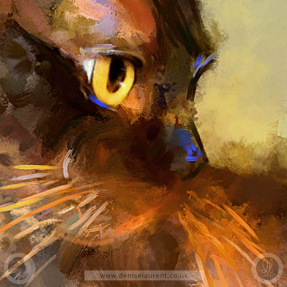 A close up detail of this contemporary burmese cat print. It shows her striking yellow eyes and the abstract brush strokes in her whiskers.