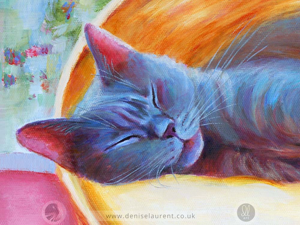 detail of a blue cat fast alseep art print