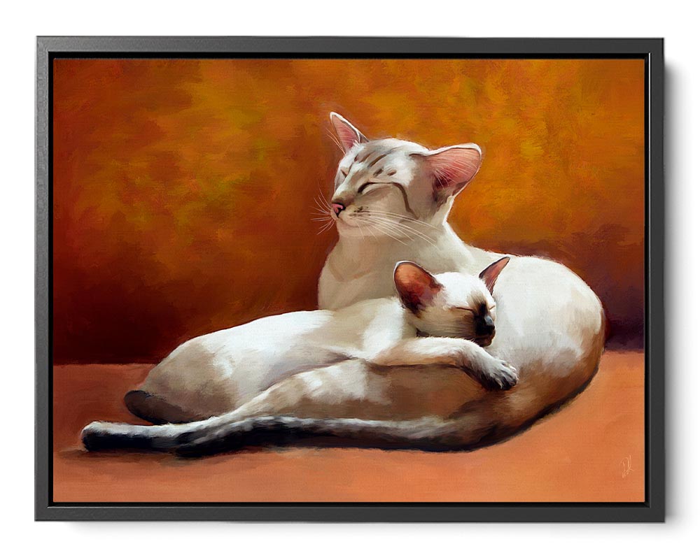 Father and Daughter - Framed Canvas Print featuring the  close-knit bond between a Siamese cat and his daughter.