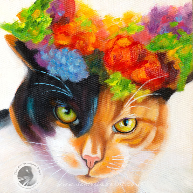 Flower Cat 2 8"x8" Framed Oil Painting