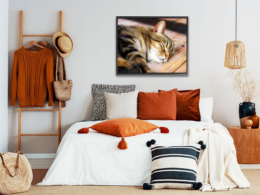 Hot Spot - Framed Canvas Print in a stylish bedroom  combining warmth and elegance in home decor.