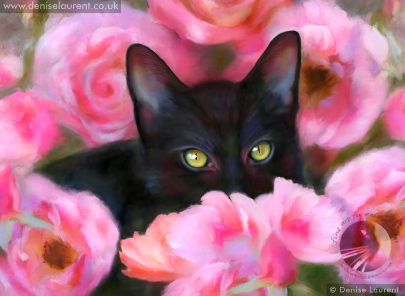 fine art print of a black kitten hiding in the pink roses