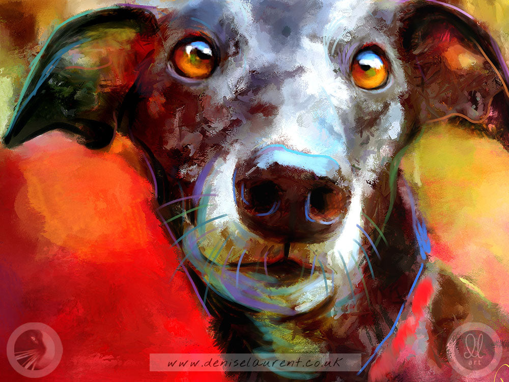 A close up detail of the print showing the dogs beautiful brown eyes and the abstract and colourful mark making of the artist.
