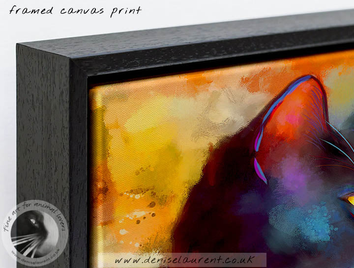 Side view of the framed 'Day Dreamer - Black Cat Canvas Print' showcasing vibrant reds and golds and a beautiful black cat, ideal for black cat art collectors.