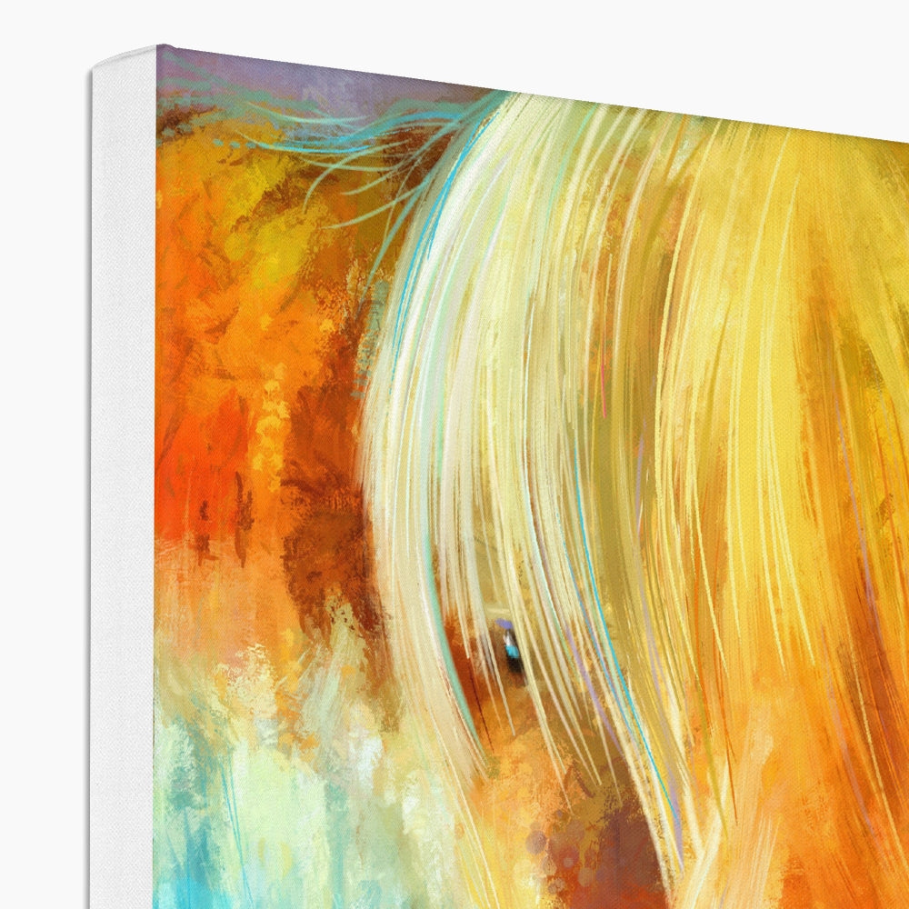 a blonde highland cow on a colourful background