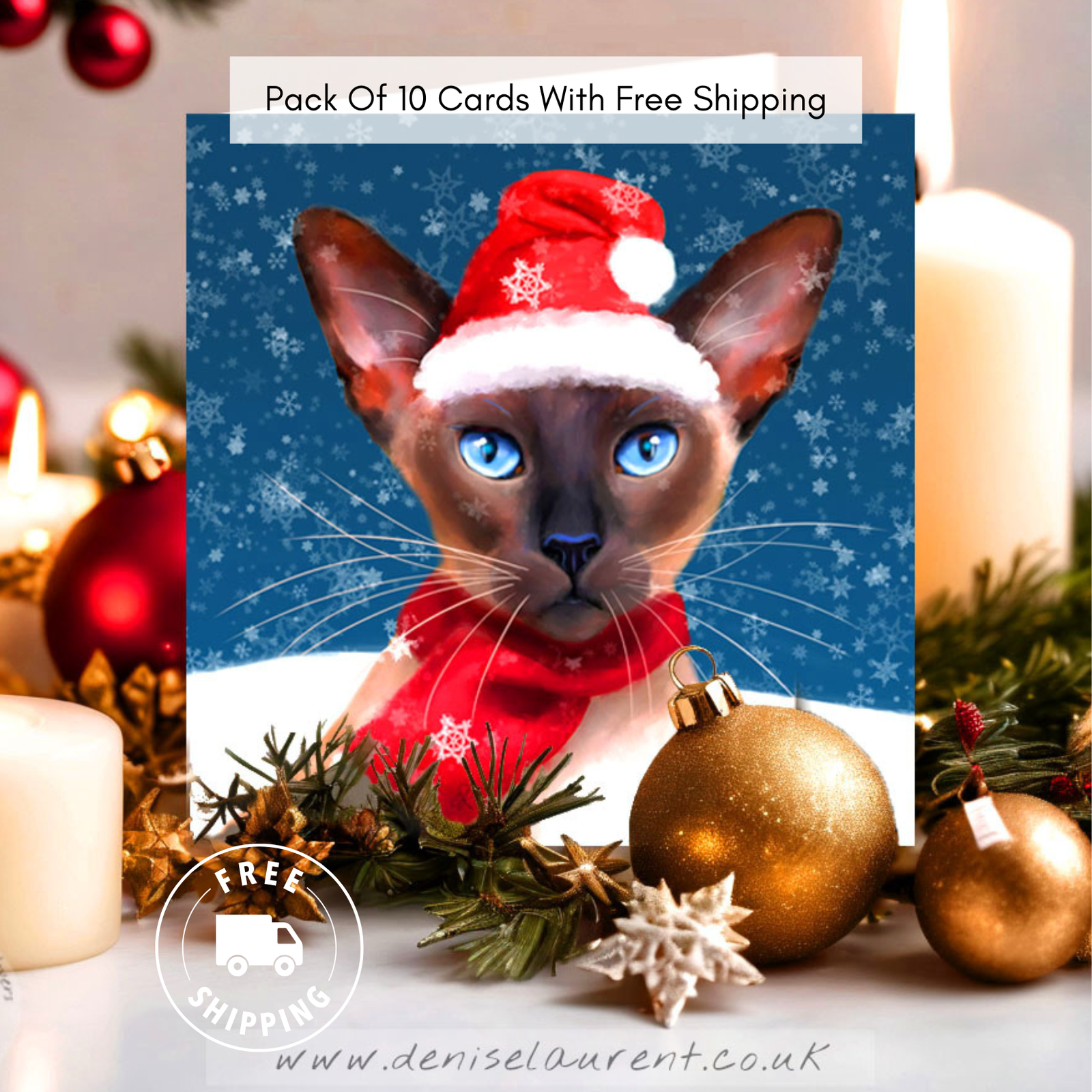 Pack Of 10 Let It Snow Siamese Cat Christmas Cards