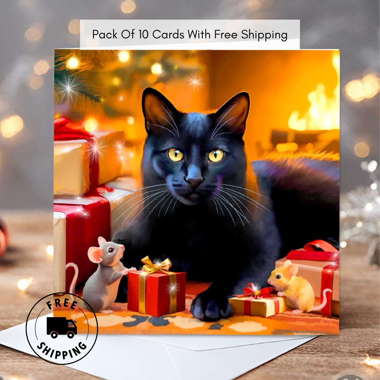 Pack Of 10 Fireside Friends Black Cat Christmas Cards