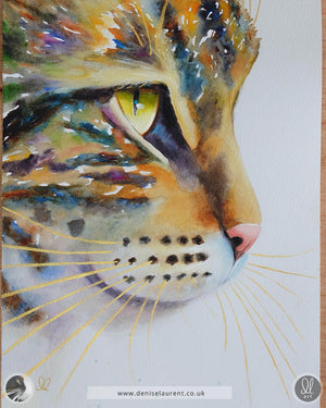 Colorful painting of a tabby cat's face with with gold whiskers by Denise Laurent of The Painted Cat