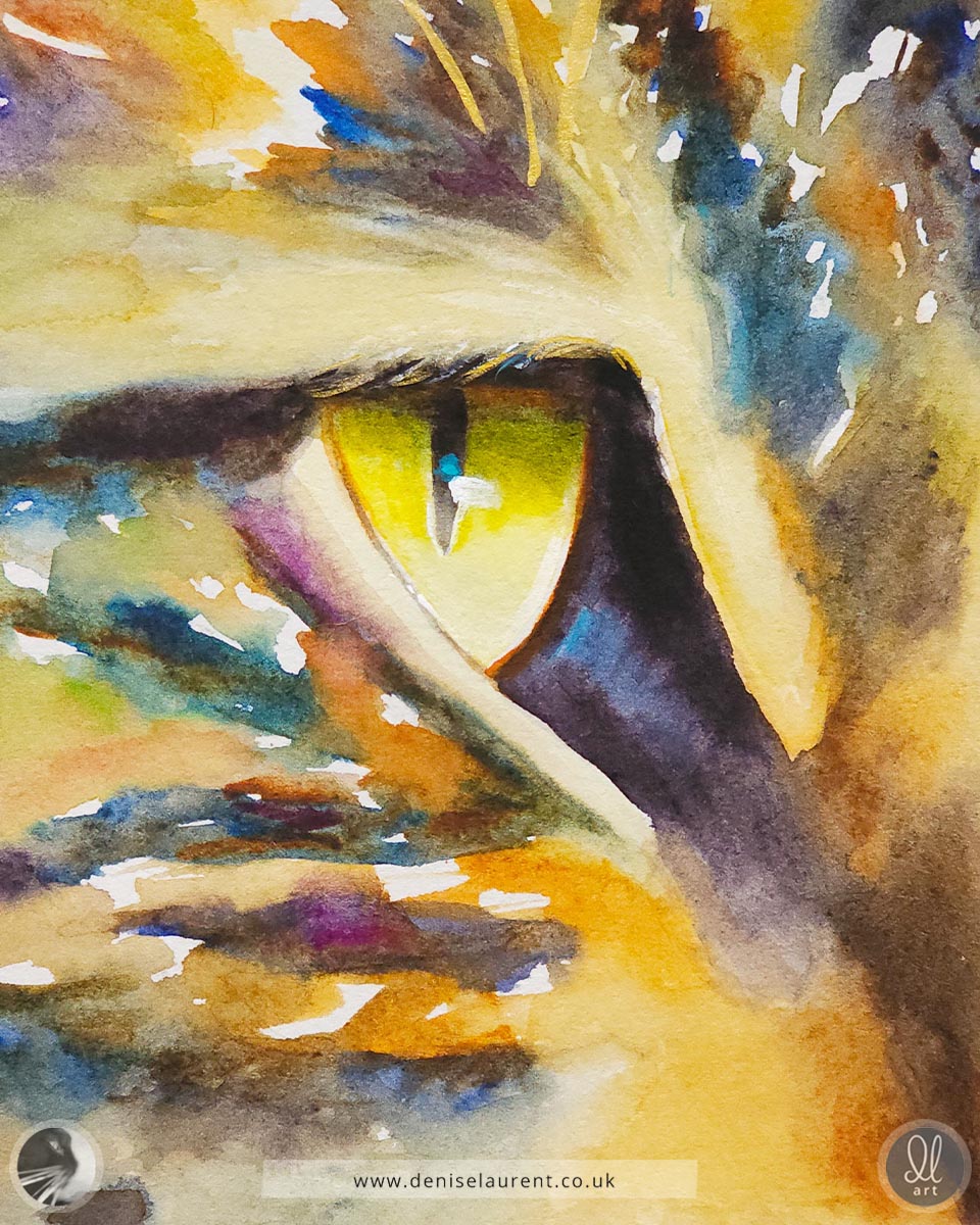 Colorful painting of a tabby cat's face with with gold whiskers by Denise Laurent of The Painted Cat