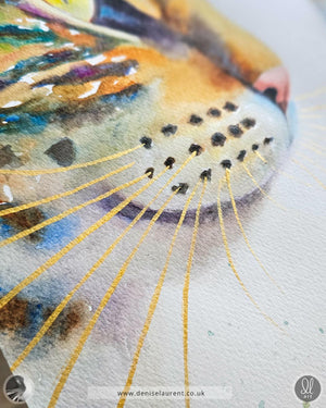 close up of gold whiskers on a tabby cat watercolour painting