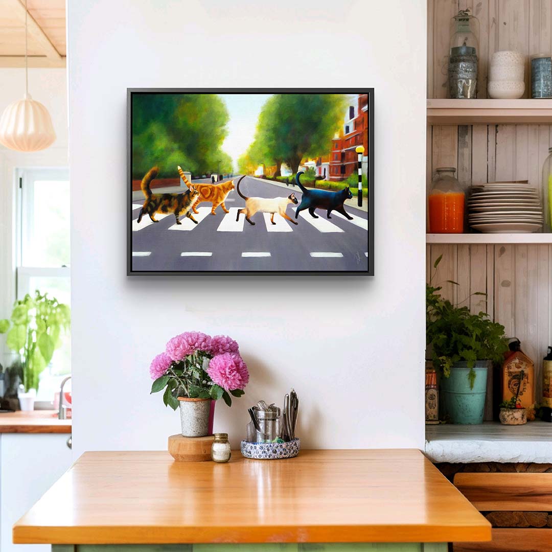 Abbey Road Cats - Framed Canvas Print featuring a tabby, Maine Coon, Siamese, ginger, and black cat crossing the famous Abbey Road.
