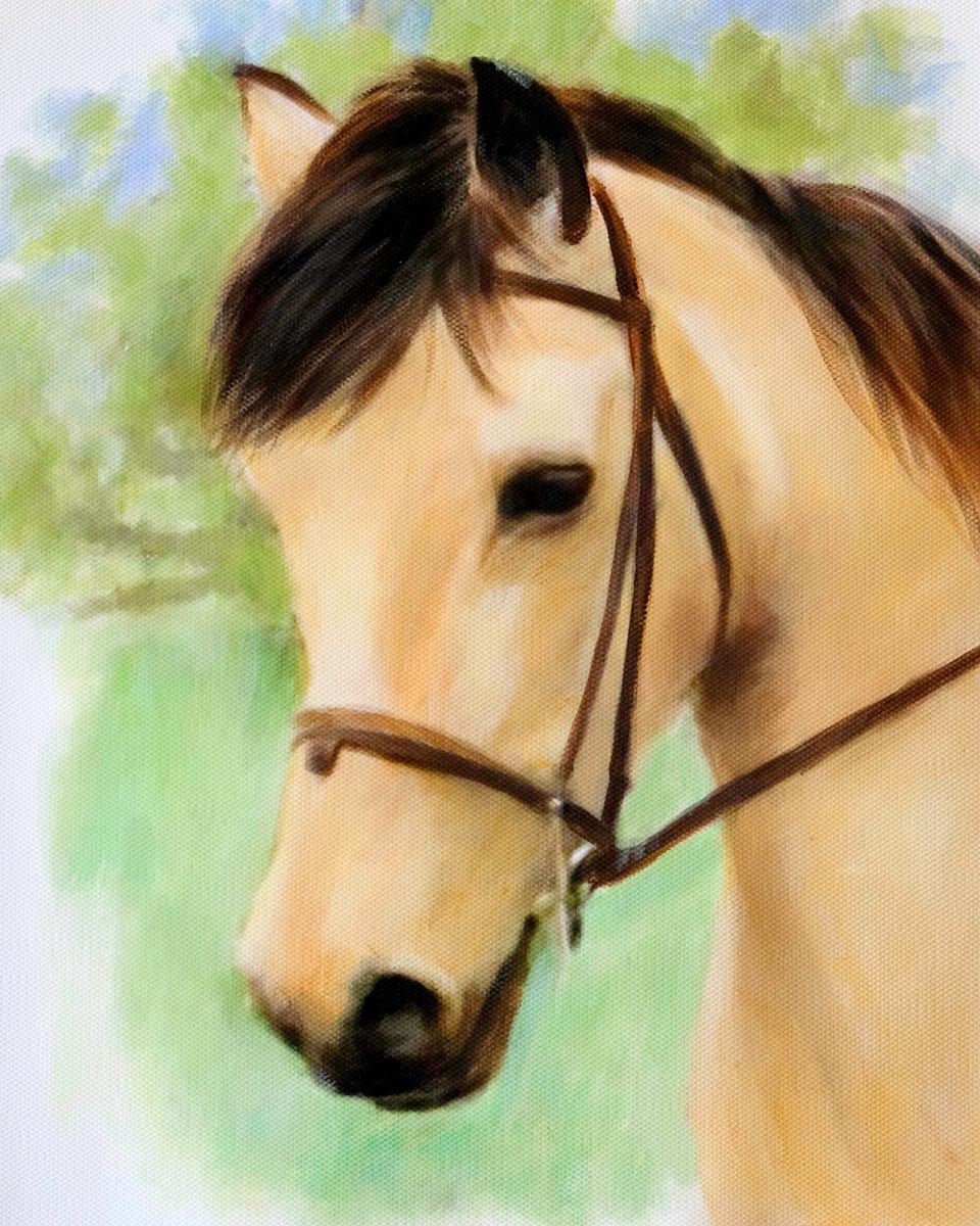 Close-up of a horse's head with a bridle against a blurred natural background. Original acrylic painting