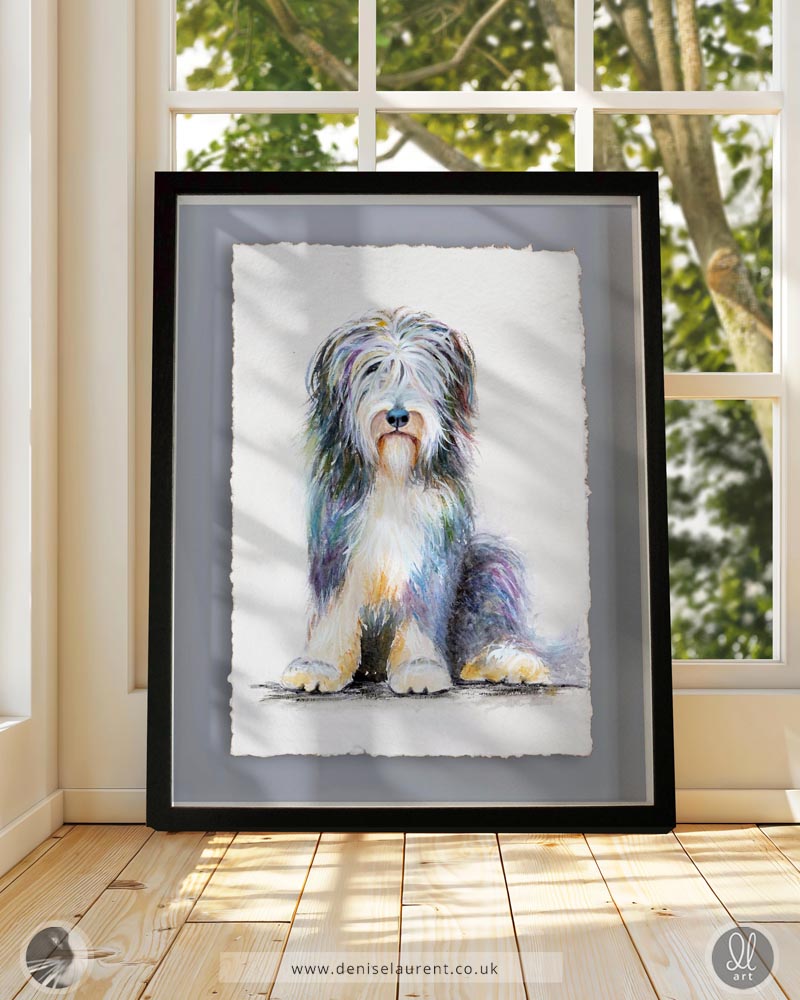 Bearded collie watercolour painting, a colourful and fluffy dog with a mix of blues, purples, and golden hues,painted  on handmade paper.