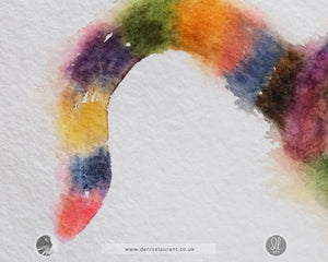 close up of the watercolour painting on handmade paper showing the cats tail and the texture of the paper