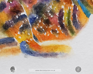 close up of the watercolour painting on handmade paper showing the paint blending into the paper and the texture of the paper