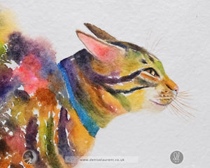close up of the watercolour painting on handmade paper showing the cats face and gold whiksers