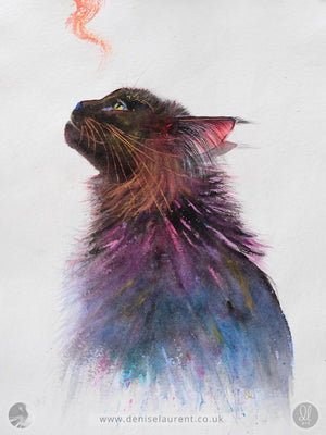 a watercolour painting of a black cat looking up at a red flash with lots of pink, red and blue in her fur