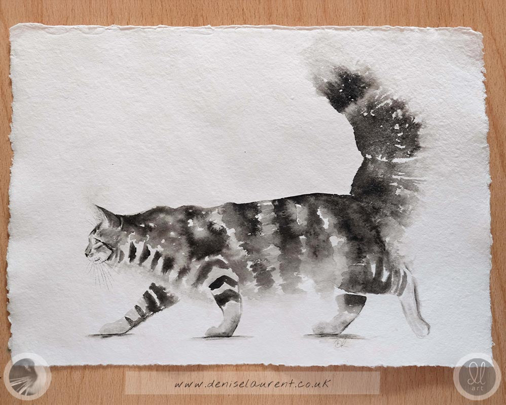 a black and white painting of a maine coon cat on handmade paper with 4 deckle edges.