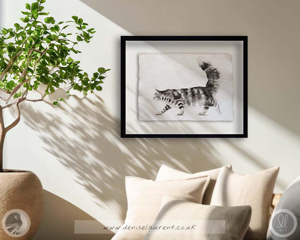 a black and white painting of a maine coon cat on handmade paper with 4 deckle edges.
