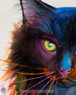 Merlin - Black Cat Watercolour Painting