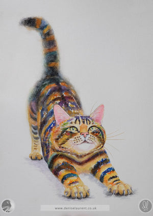 A colorful watercolour painting of a stretching cat on a white background, with orange, blue, yellow, black, and pink tones. 