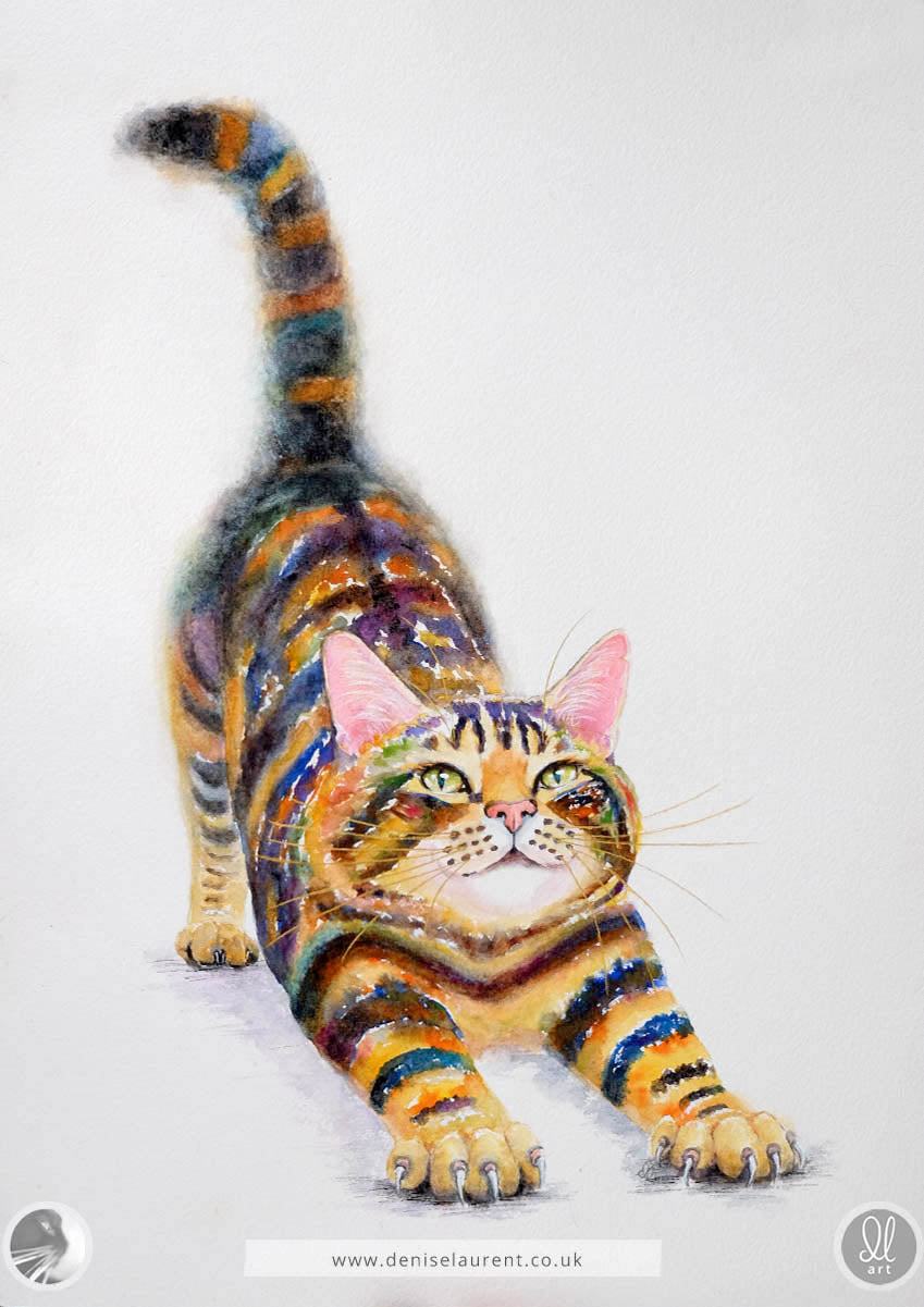A colorful watercolour painting of a stretching cat on a white background, with orange, blue, yellow, black, and pink tones. 