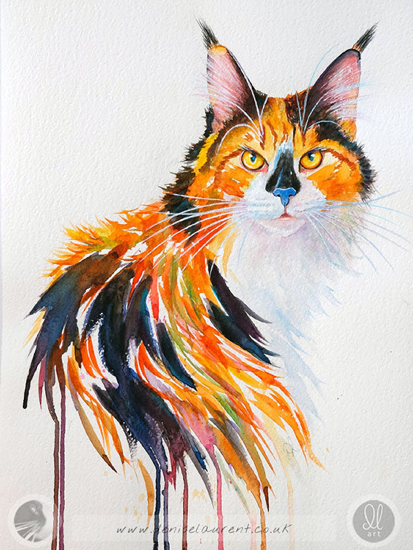original calico cat art - she is a maine coon cat painted in watercolour on Fabriano paper