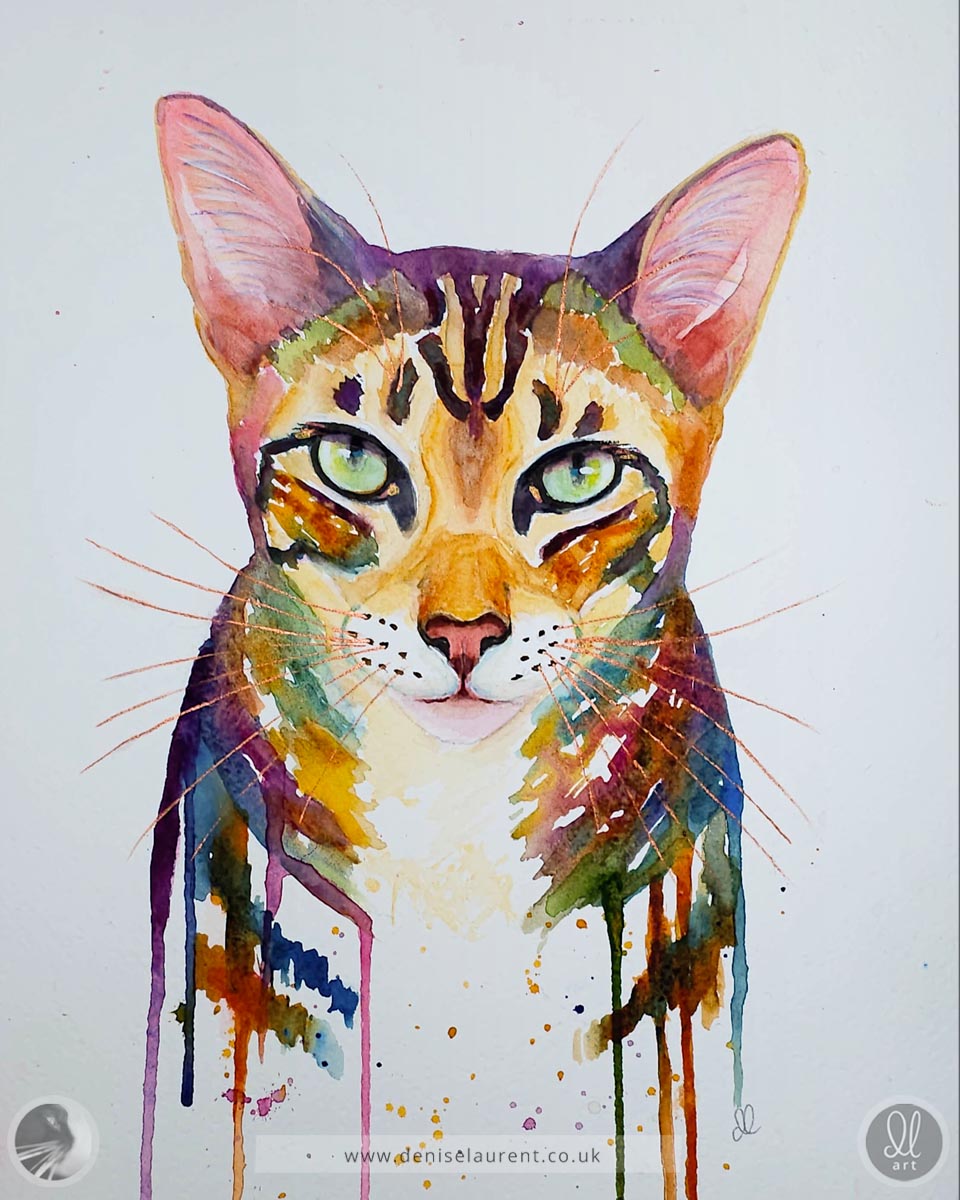 colourful watercolour painting of a brown tabby oriental cat