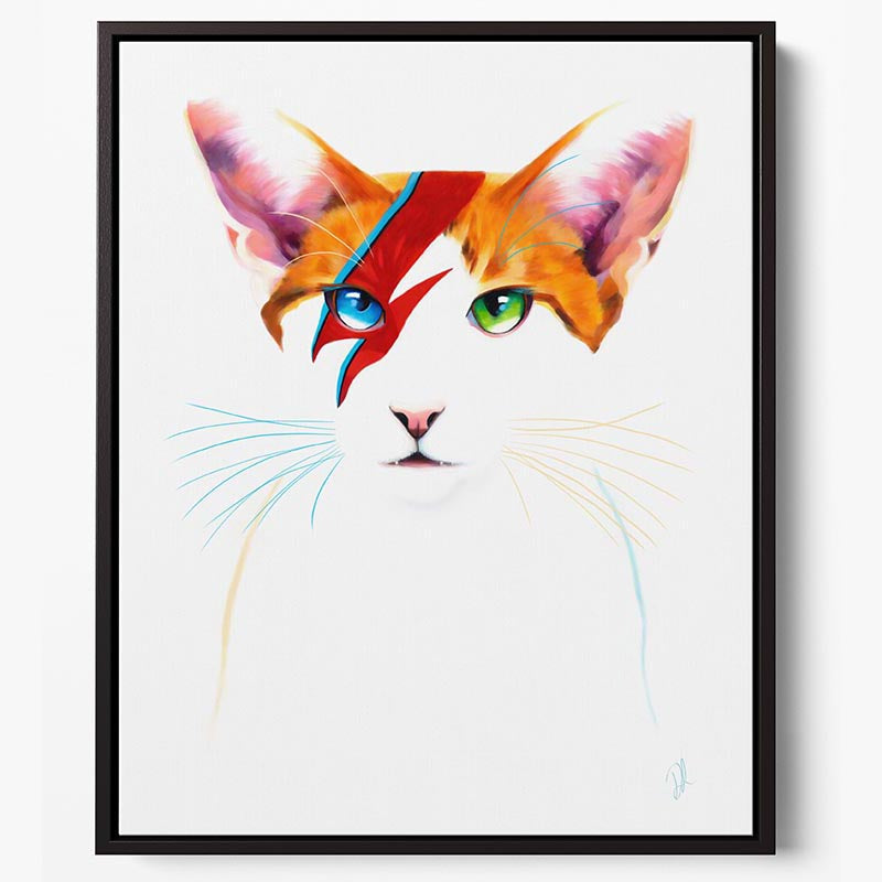 David Meowie - Framed Canvas Print featuring a cool white and ginger cat with a red zig-zag pattern, inspired by David Bowie, perfect for music lovers.