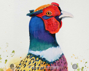 close up of the pheasants head in a watercolor painting