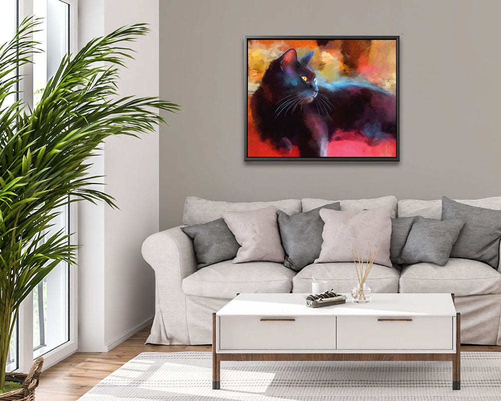 Day Dreamer - Framed Canvas Print - a colourful black cat sitting on red cushions