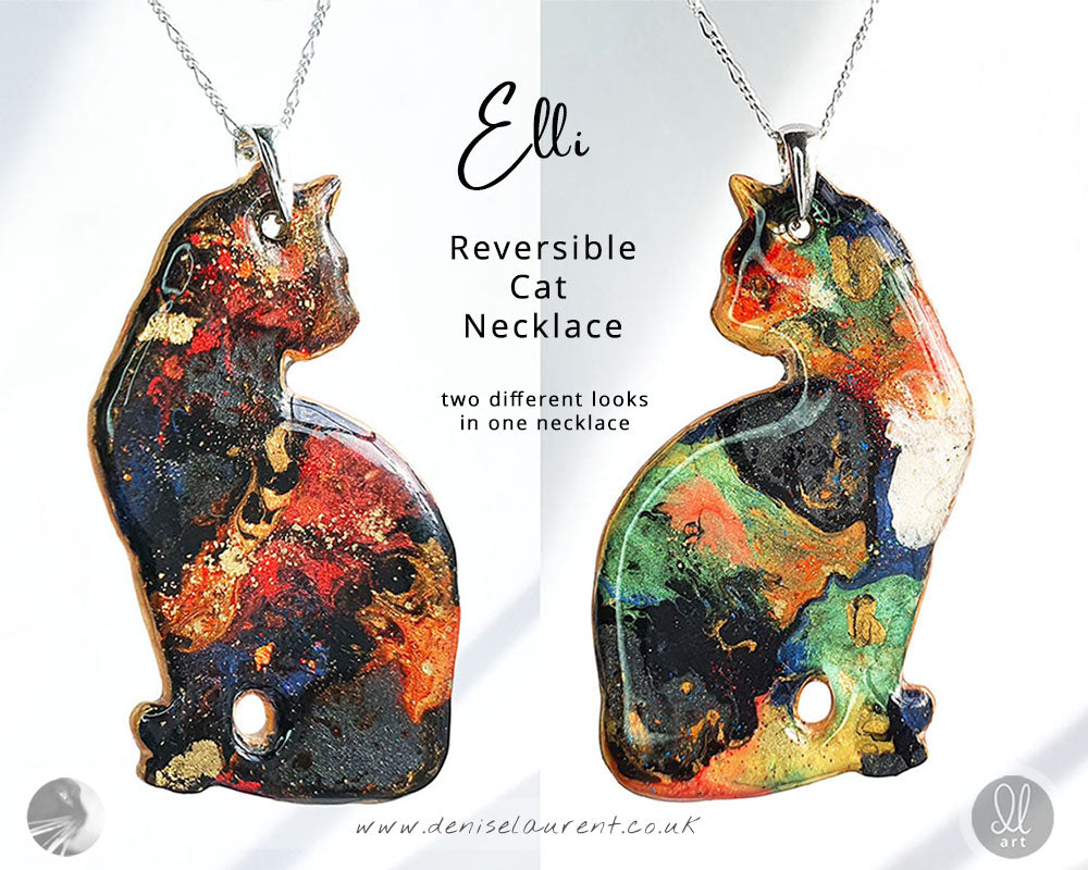 cat necklace - double sided pendant, tortie colours on one side tabby cat colours on the other. Sterling silver chain and fittings.