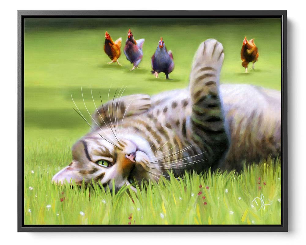 Here Come The Girls - Framed Canvas Print featuring a playful tabby cat rolling in the green grass with chickens in the background.