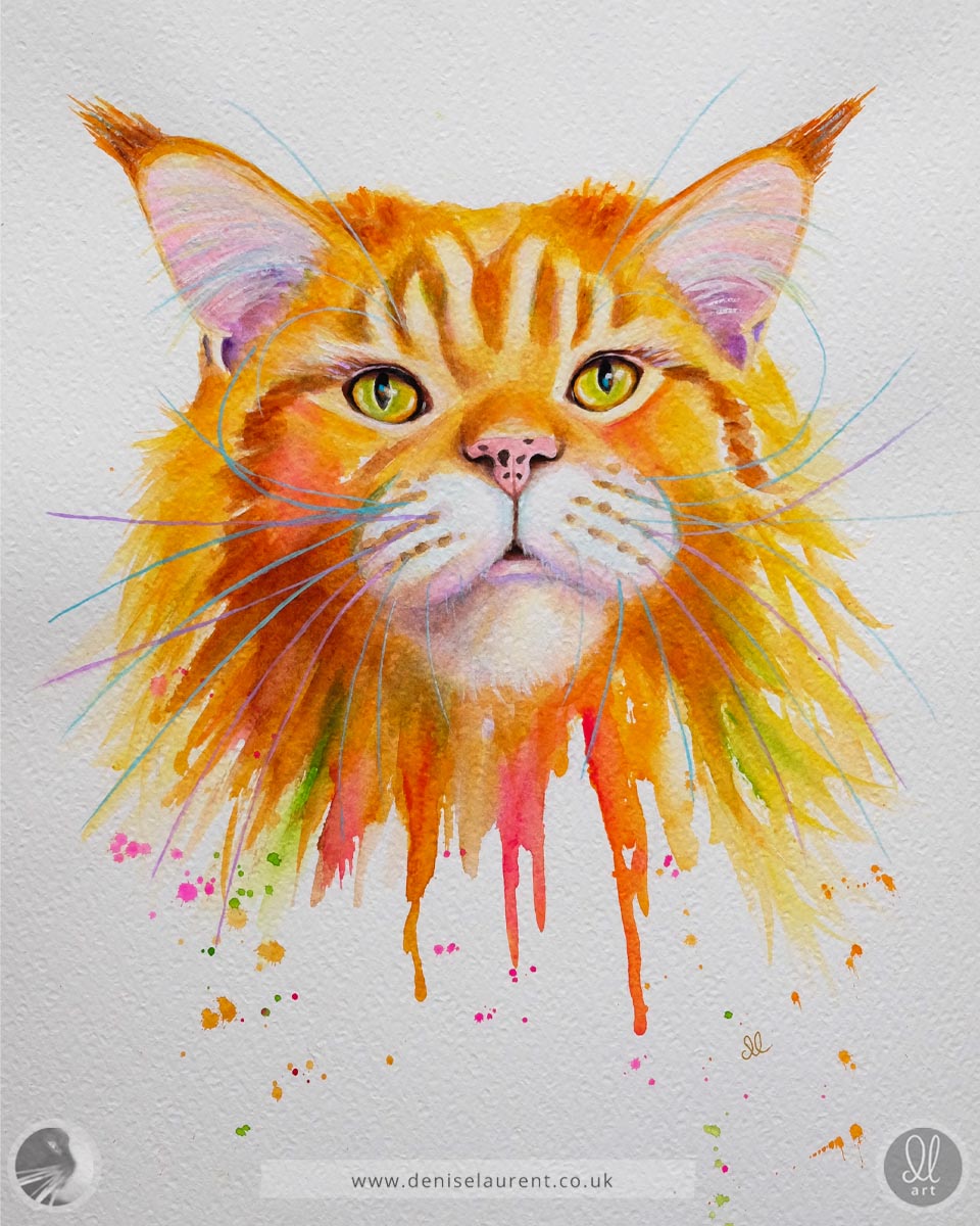 Colorful watercolor painting of a ginger maine coon cat's face on watercolour paper