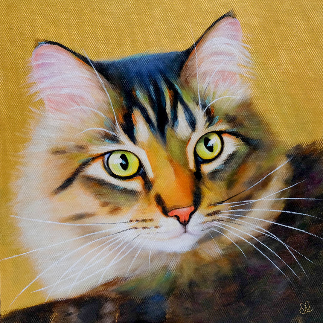 Artistic painting of a tabby cat's face with a warm gold background. Painted in oils on a gold wood panel.