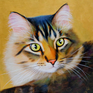 Artistic painting of a tabby cat's face with a warm gold background. Painted in oils on a gold wood panel.