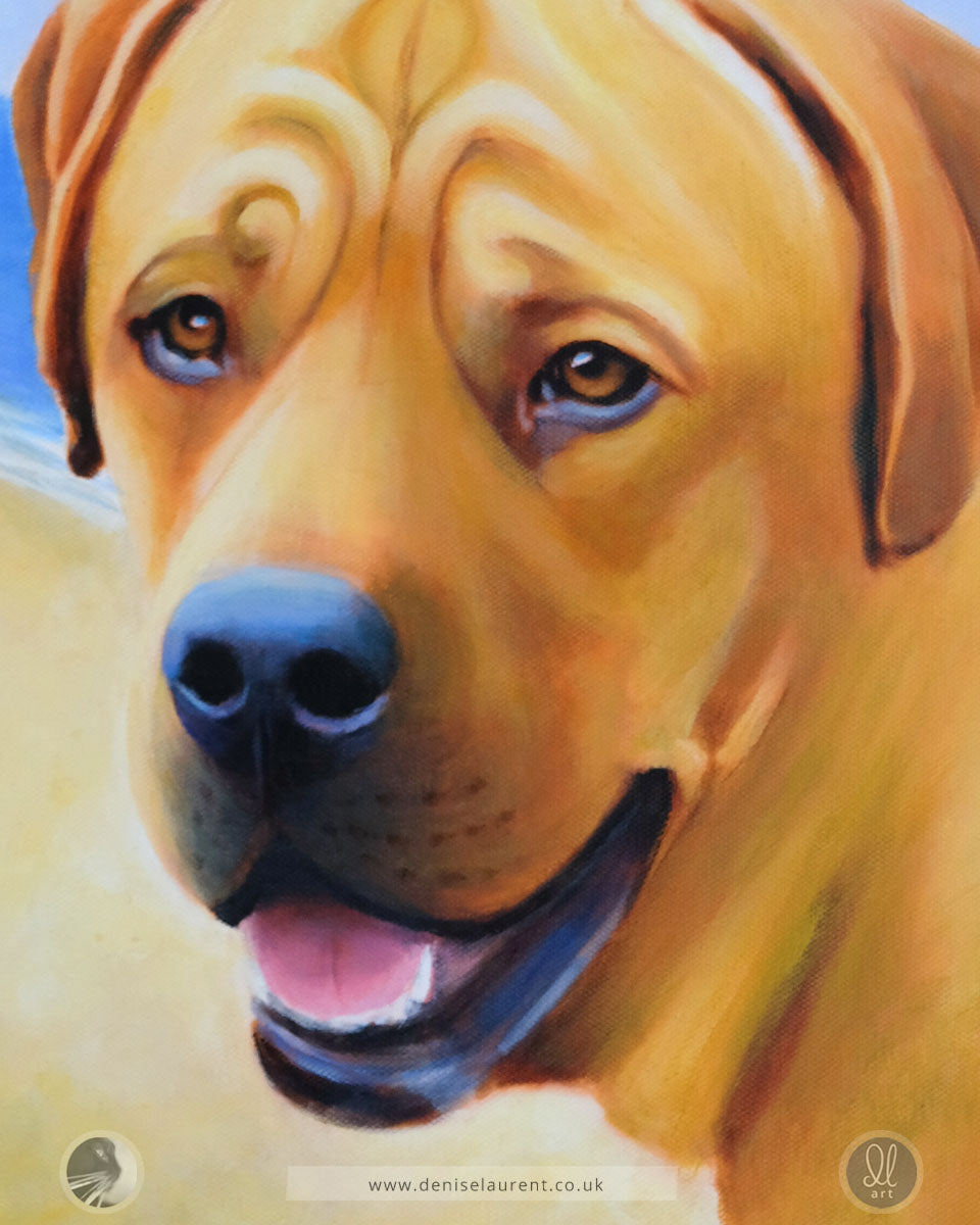 a portrait painting of a dog with the sea and the beach behind him