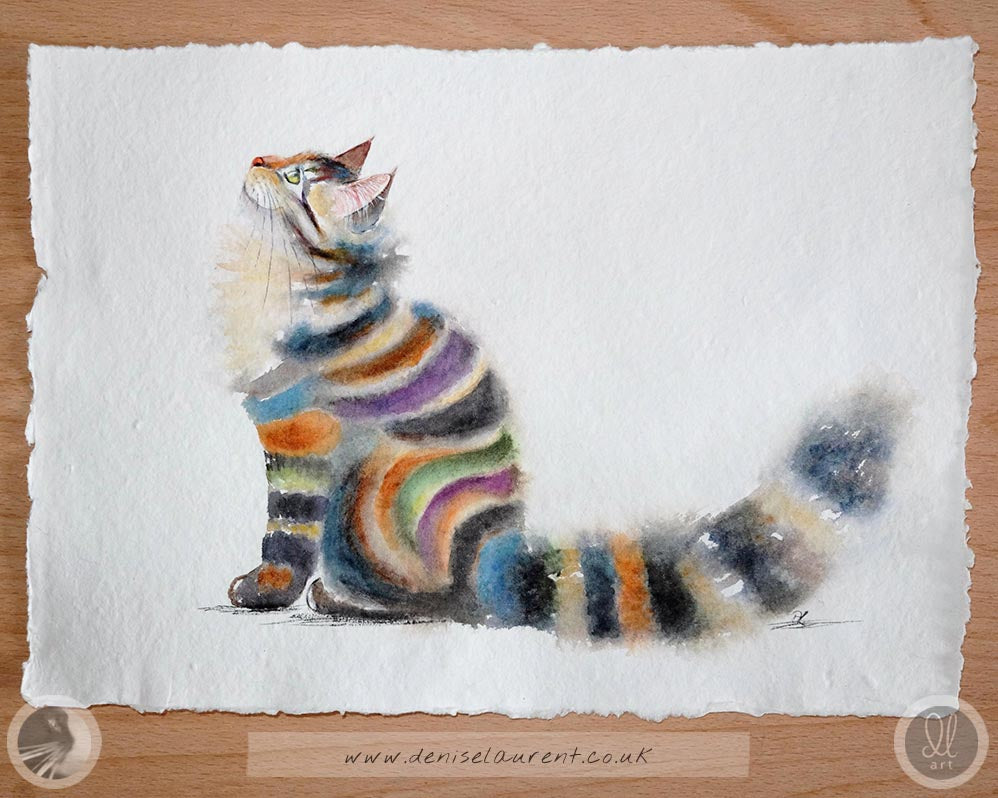 Colorful tabby cat watercolour painting. She has bold stripes, and this playful tabby cat is looking up at something just out of sight.