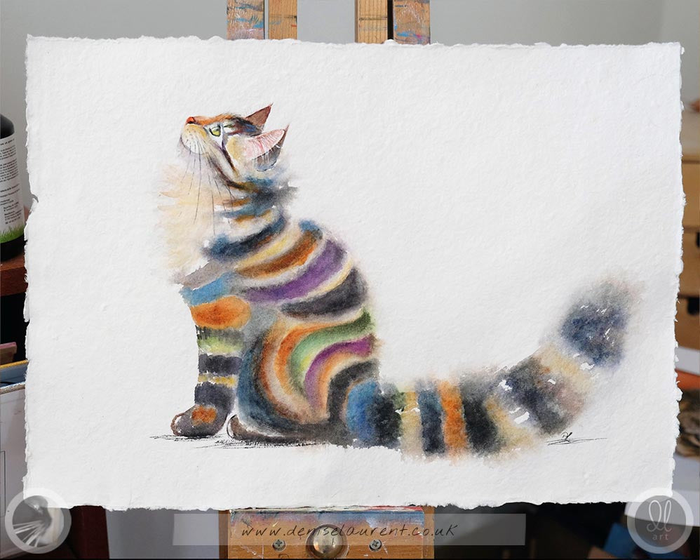 Colorful tabby cat watercolour painting. She has bold stripes, and this playful tabby cat is looking up at something just out of sight.