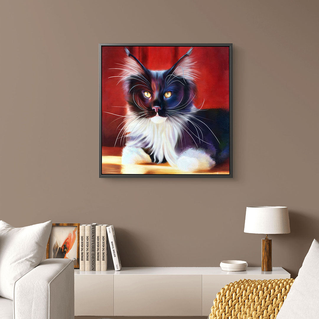 Colourful framed canvas print of a tuxedo Maine Coon cat, against a rich red background, perfect as Maine Coon cat wall art.