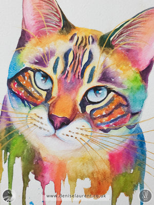 close up of a watercolor painting of a colourful cat with gold whiskers and turquoise eyes